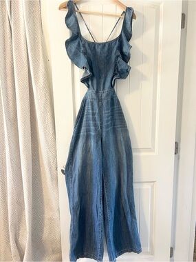 DO+BE Ruffle-Trim Wide-Leg Denim Jumpsuit Jumper Onesie - Blue Medium
